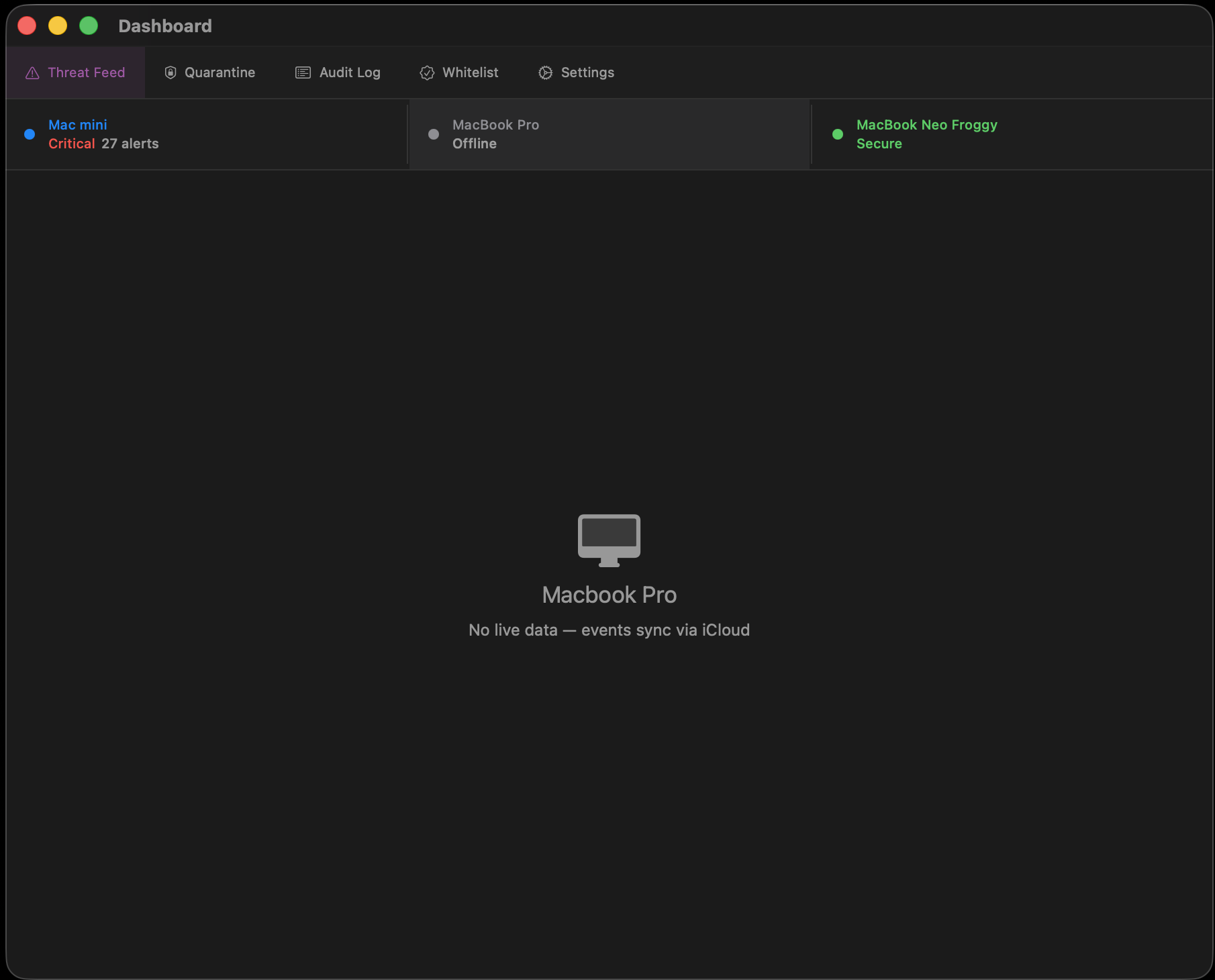 HermesHarpe threat feed showing live status of all monitored Macs